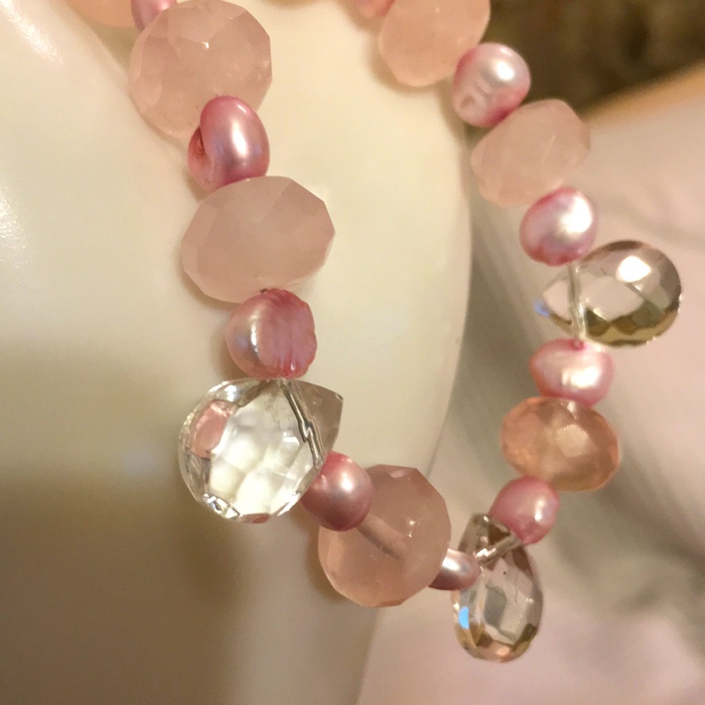 Faceted rose quartz clear crystal teardrop pink pearl 8” choker necklace NEW
